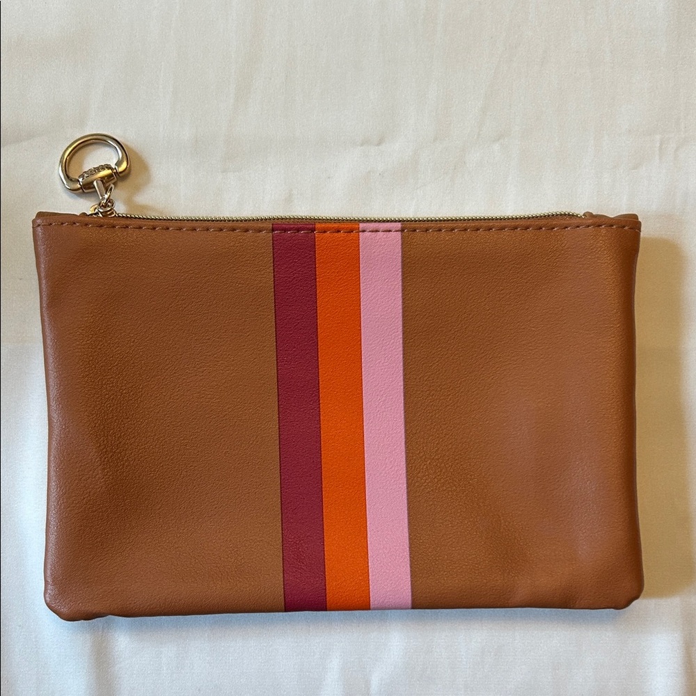 Brown Leather Clutch with Multicolor Stripes—NWOT